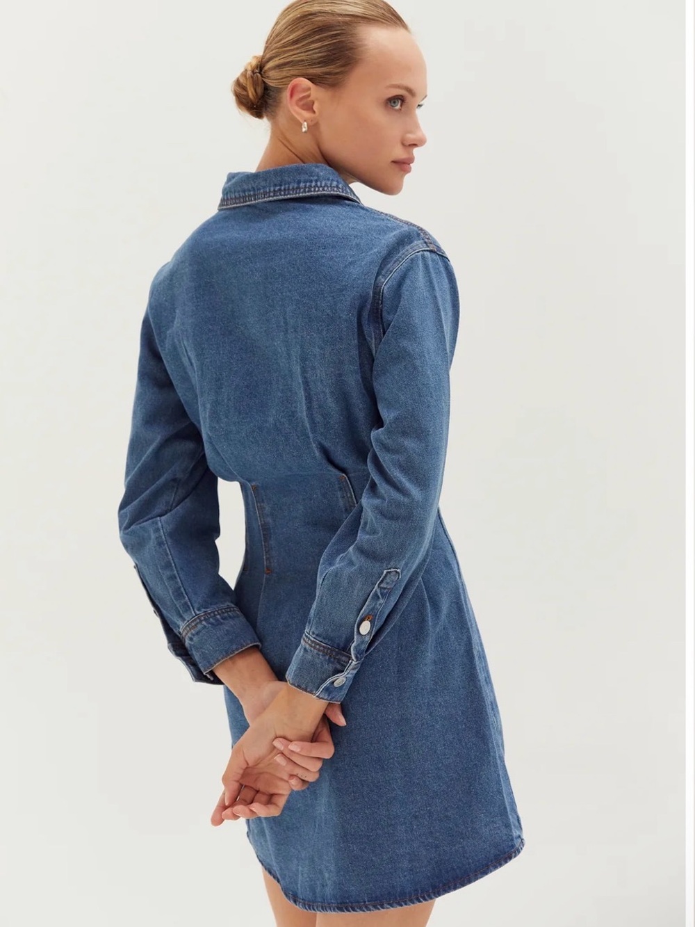 Crescent Zae Blue Denim Button-Front Mini Dress Western Boho Indie Sleeze - Picture 4 of 8